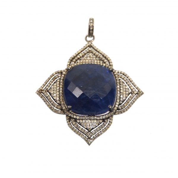 Blue Sapphire Pave Diamond Lotus Pendant